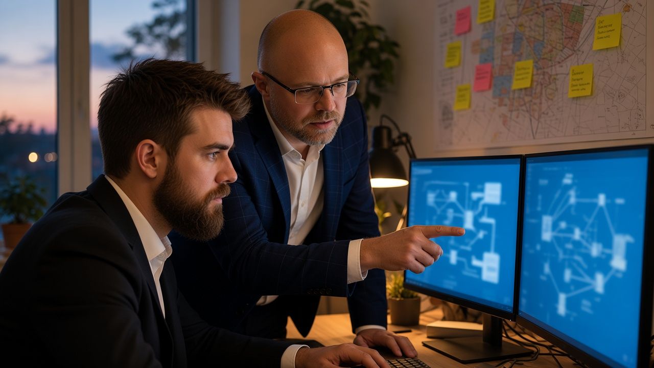 Alexander Krauck am Bildschirm mit einem Systemdiagramm, Stefan Hofmayr zeigt auf eine Stelle