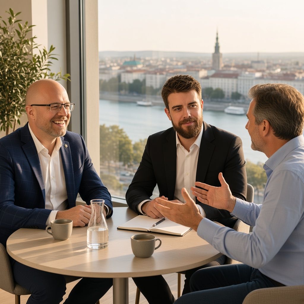 Stefan Hofmayr und Alexander Krauck im Gespräch mit einem Geschäftsführer an einem runden Tisch mit Blick auf die Donau in Linz