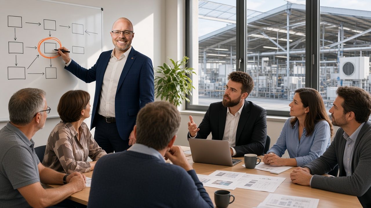 Stefan Hofmayr zeichnet am Whiteboard einen Prozess, Alexander Krauck erklärt am Tisch, fünf Führungskräfte hören zu